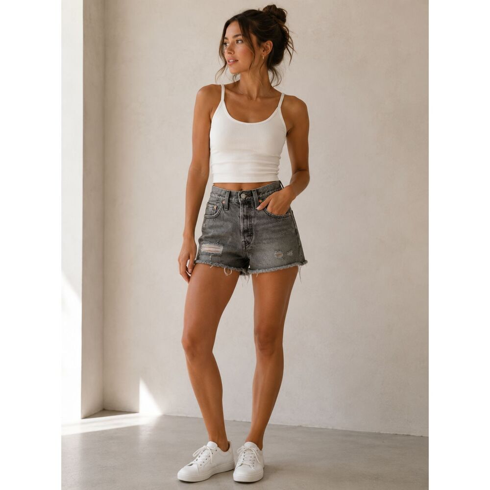 Levi's 501 Distressed Denim Cut Off Shorts W24 Gray Black Festival Y2K Grunge